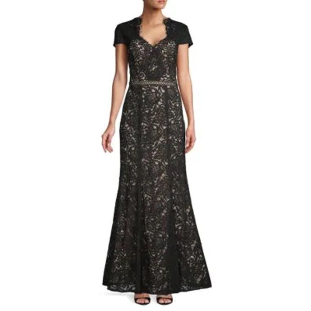 JS COLLECTIONS | Full Length Black Lace Fit and Flare Gown | Size 16